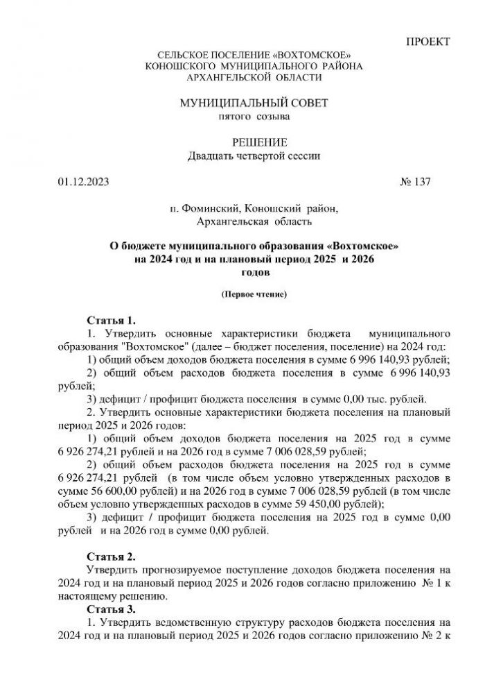 О бюджете муниципального образования «Вохтомское» на 2024 год и на плановый период 2025 и 2026 годов